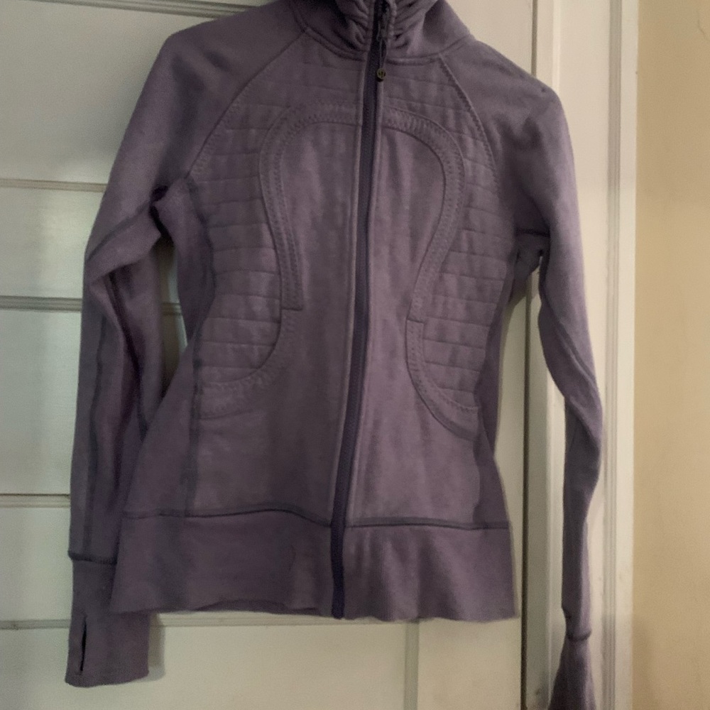 Lavender Lululemon fleece jacket with thumb holes.
